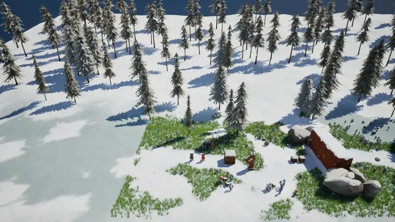 The two heroes on a snowy slope near logs and rocks
