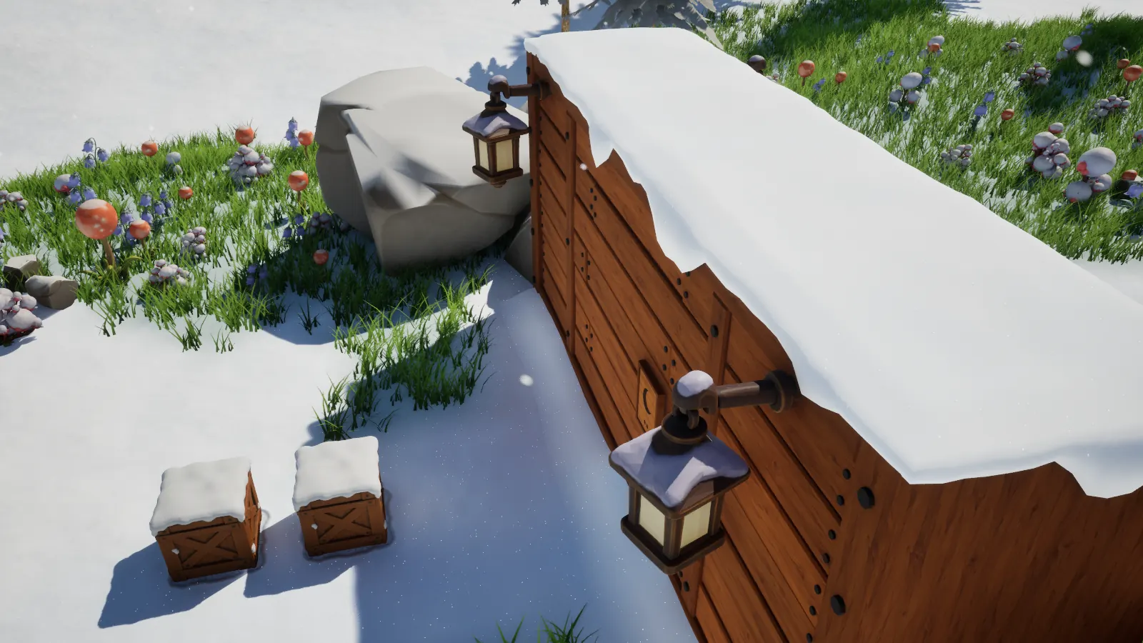 Muralha de tábuas coberta de neve com lanternas acesas