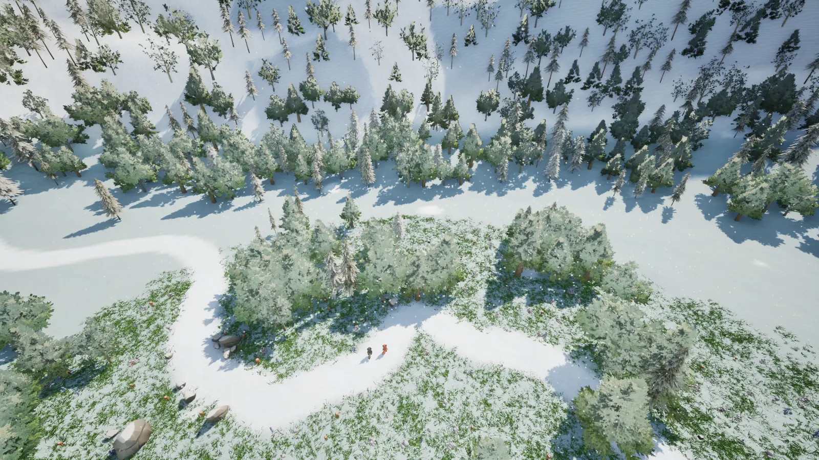 Vista aérea do vale com uma trilha longa cortando a floresta nevada